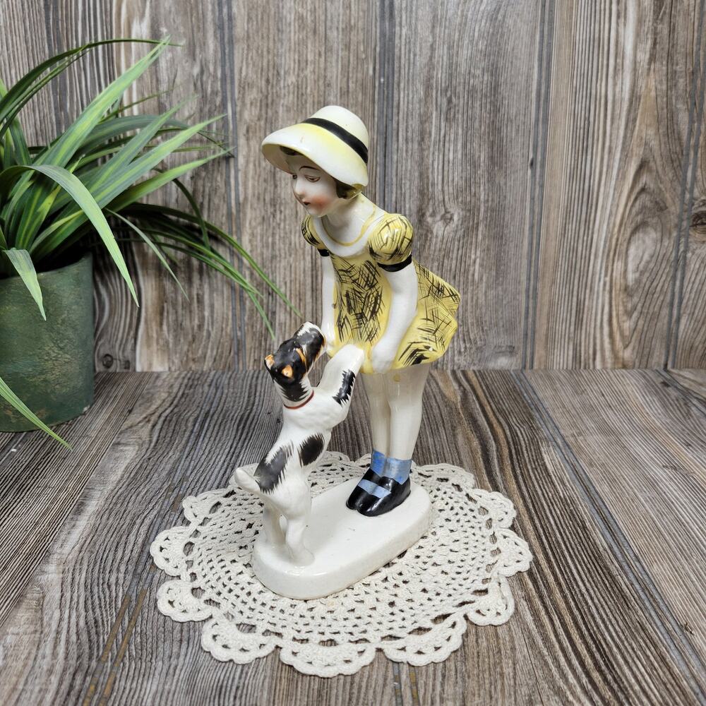 Vintage Porcelain Girl Yellow Dress Wire Fox Terrier Dog Figurine Japan 6.8"